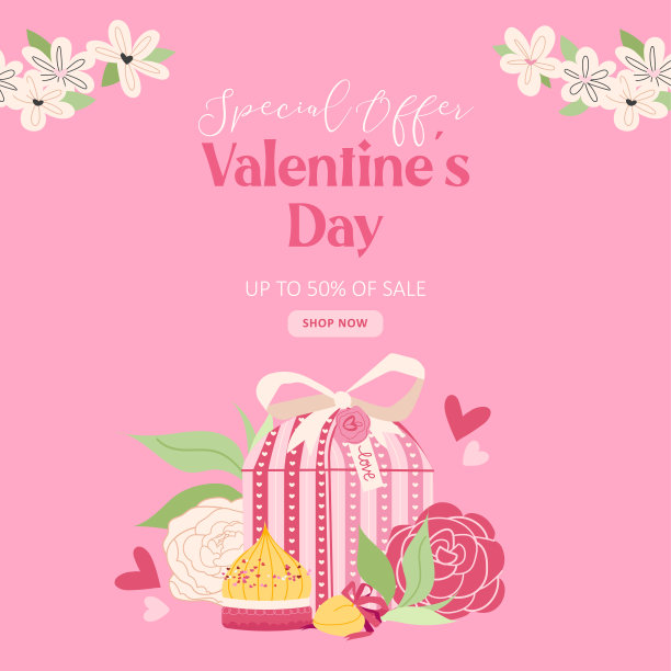 情人节销售海报与玫瑰花，糖果和情人节礼盒在粉红色的背景。促销和购物模板的爱情和浪漫的一天的概念图片下载
