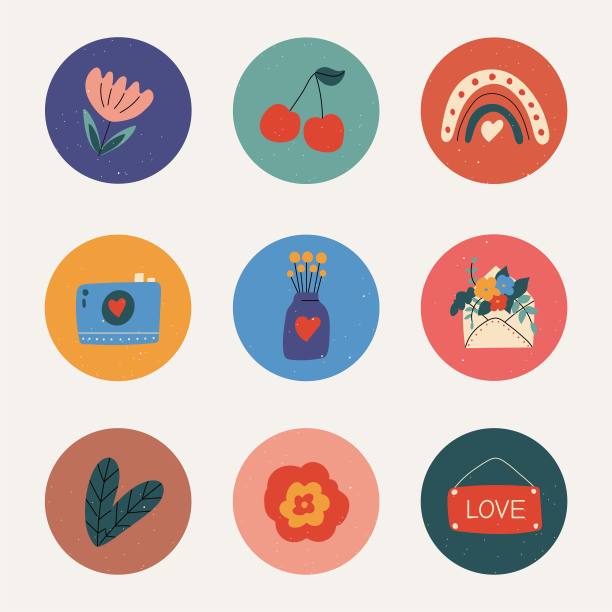 情人节彩色图标套装。爱心，信封，花束，鲜花，彩虹，相机，罐子，招牌。浅色背景上的圆形图标。图片下载