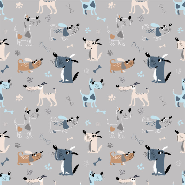 矢量儿童无缝模式与狗，骨头和脚印的灰色背景图片下载