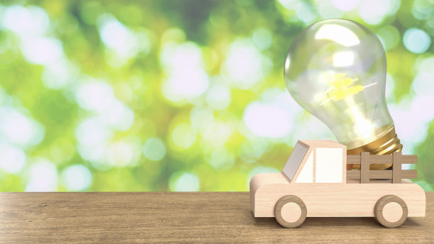 木材卡车和灯泡上的木表生态概念3d渲染图片下载