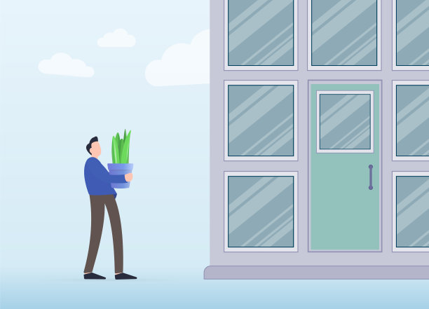 一个穿着蓝色西装的男人站在一座大建筑前，手里拿着一株植物，象征着新的开始。说明了开始一份新工作的兴奋和紧张，完美的职业生涯，求职内容图片下载