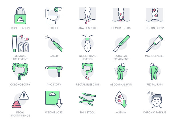 直肠科的线条图标。矢量插图包括厕纸图标、结肠、息肉、栓剂、肛裂轮廓象形图，用于痔疮症状。绿色和红色，可编辑的笔画图片下载