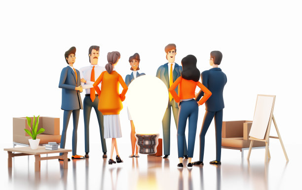 业务团队围绕大灯泡谈话。开会，讨论交易，项目进展，思维要跳出框框。三维渲染图图片下载