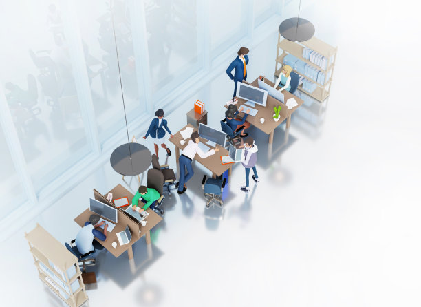 办公室很大，有很多上班族。业务团队在一起工作，人们开会，讨论交易，项目进展。俯视图等距投影。三维渲染图图片下载