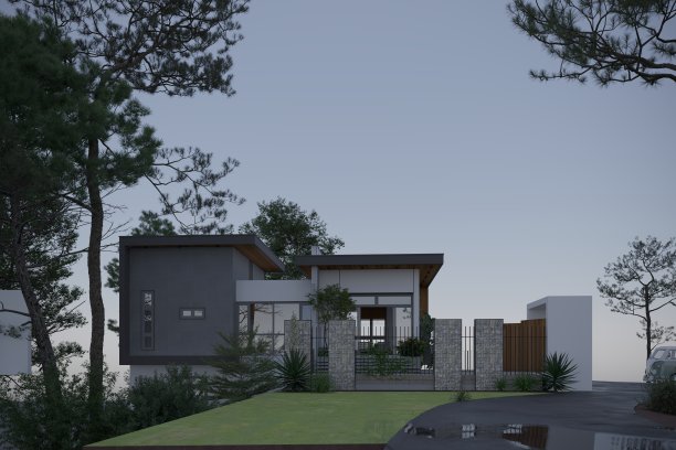 三维渲染的村庄房子在日落图片下载