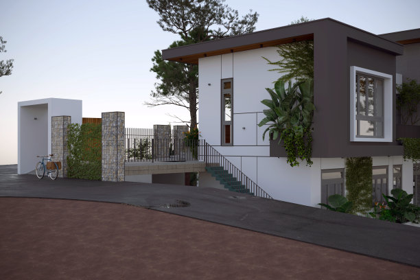 三维渲染的村庄房子在日落图片下载