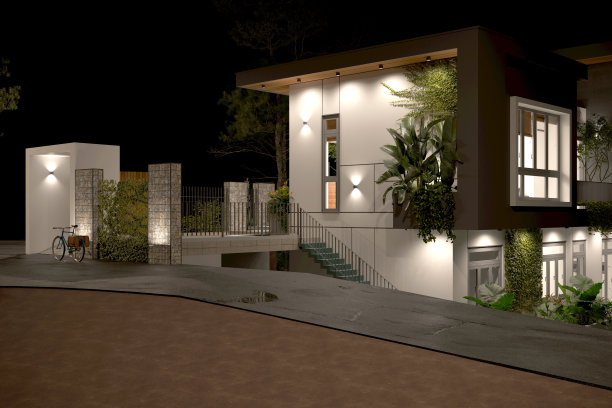 三维渲染的村庄房子在日落图片下载