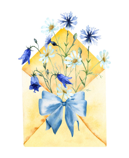 夏天的水彩画信息与蓝色野花孤立在白色背景。图片下载