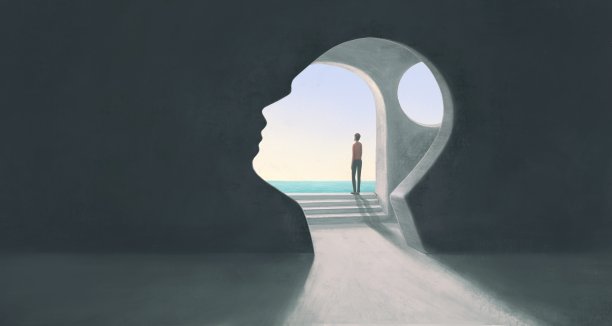 观念艺术的生命，自由，宁静，和平，灵魂，思想，大脑，心理健康和希望。人与海。3d插图，概念艺术品，超现实主义绘画图片下载