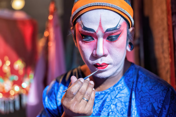 中国戏曲演员在剧院后台表演前化妆图片下载