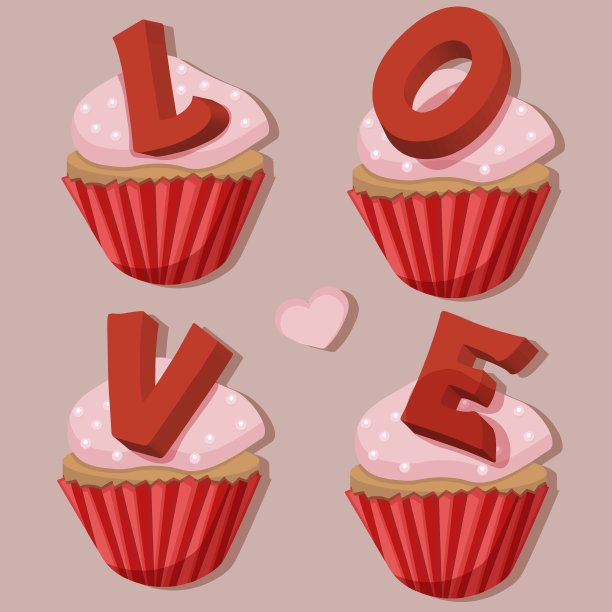爱心以纸杯蛋糕的形式题写红色，粉色的爱心图片下载