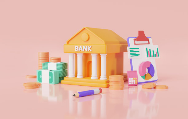 货币交易概念。银行图标与货币堆栈，计算器和金融统计文件。网上银行、储蓄、银行理财、金融业务、公共财政。三维渲染插图图片下载