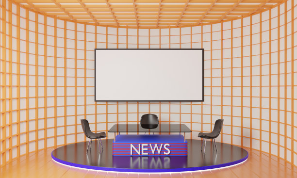 新闻演播室玻璃桌，液晶背景。3 d渲染。图片下载