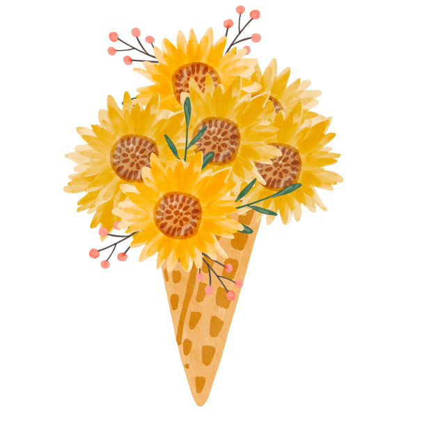向日葵花束水彩冰淇淋华夫蛋筒。夏天冷甜可口手绘冰淇淋插画孤立。图片下载