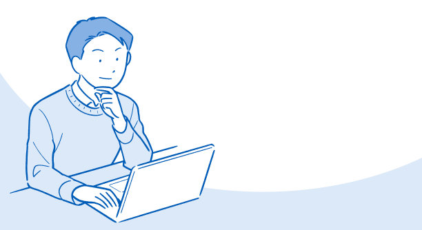 男子看着电脑思考（蓝色版）图片下载