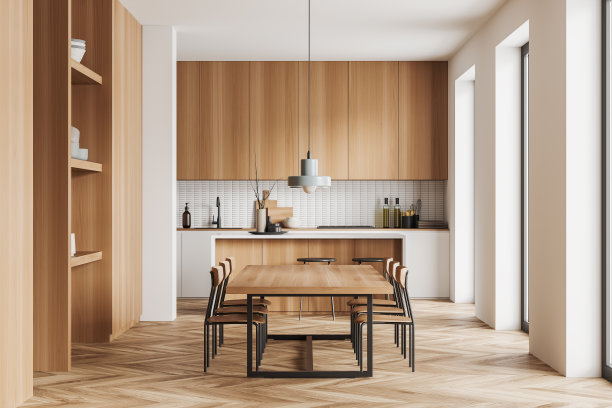 明亮的厨房和餐厅内部的正面视图图片下载