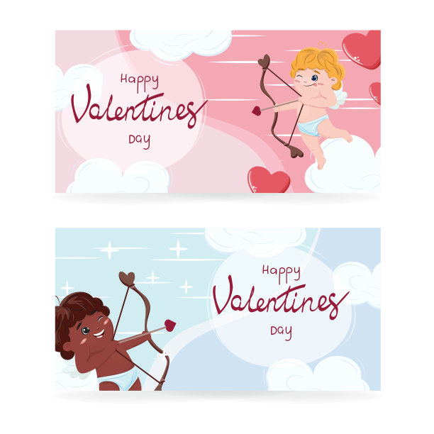 带有两个可爱的白色和黑色丘比特字符的横幅，表示情人节快乐图片下载