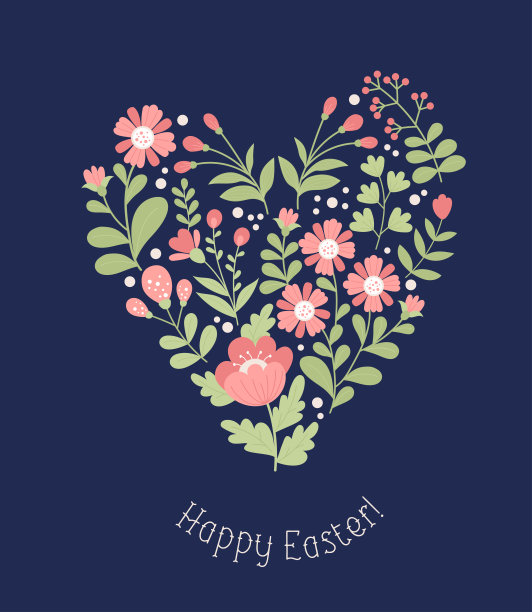复活节快乐贺卡。花的心。心形由蓝色背景上装饰性的红色花朵和叶子组成。平面风格的矢量插图。图片下载