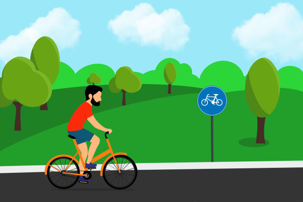 插图画家的一个男人骑自行车在骑区覆盖的自然公园图片下载