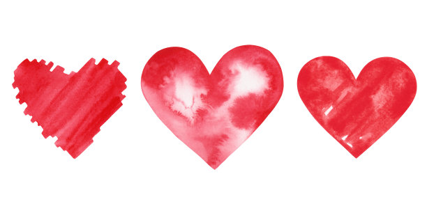 一套三个水彩画，明亮，红色，喜庆的心图片下载