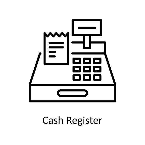 收银机矢量轮廓图标设计说明。购物和电子商务符号在白色背景EPS 10文件图片下载