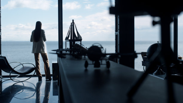 女人剪影休息海景办公室。公司ceo看全景窗口图片下载