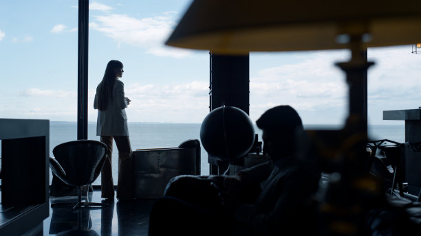 剪影女商人享受海洋全景后景。商业生活方式图片下载