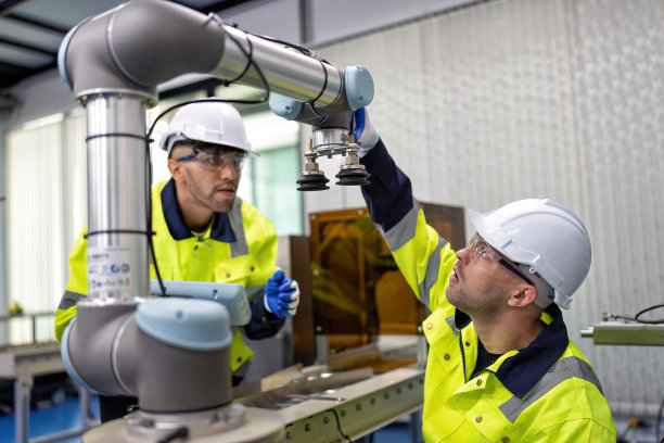 工程师教学员操作维护和编程机械臂在重工业工作图片下载