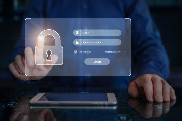 密码和用户名登录页面，安全访问互联网。在线用户认证登录，网络安全，数据保护。手指触摸锁图标。输入凭据以登录的人员。图片下载