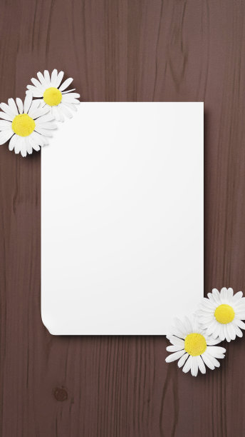 3 d演示。白色的纸和花在棕色的木纹背景。空白。信。(垂直)图片下载