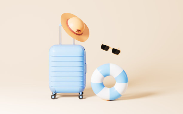 行李与帽子和游泳环在黄色背景，3d渲染。图片下载