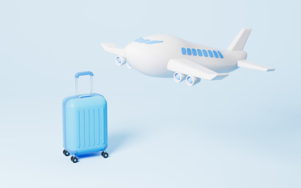 蓝色背景中的飞机和行李，3d渲染。图片下载