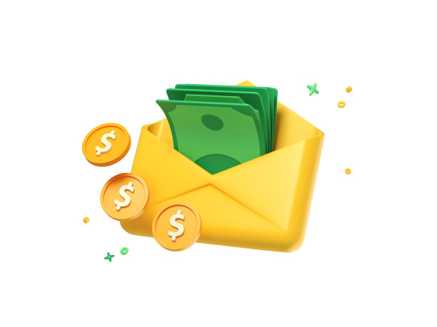 打开的信封里有钱和漂浮的硬币。现金红利。接受付款或发票。工资法案。用邮件寄美元。白色背景上孤立的卡通创意设计图标。三维渲染图片下载