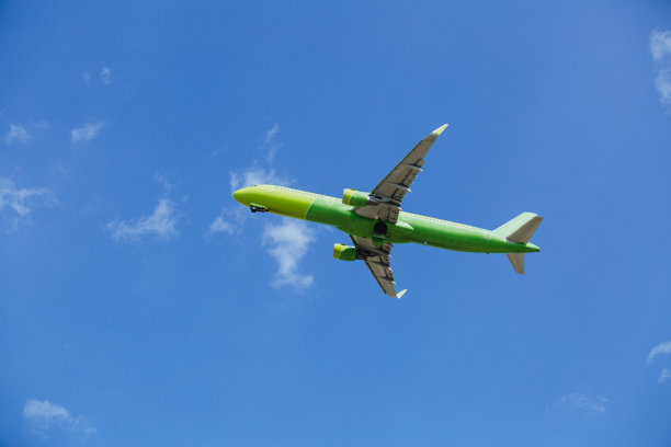 黄绿色的客机在蓝天白云中飞行，空中运输概念，人口疏散图片下载