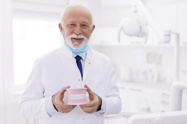高级牙医拿着塑料下颌模型图片下载