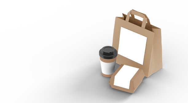 外卖生态食品包装模板。咖啡饮料杯，盘子盒，纸袋。白色背景和标签图片下载