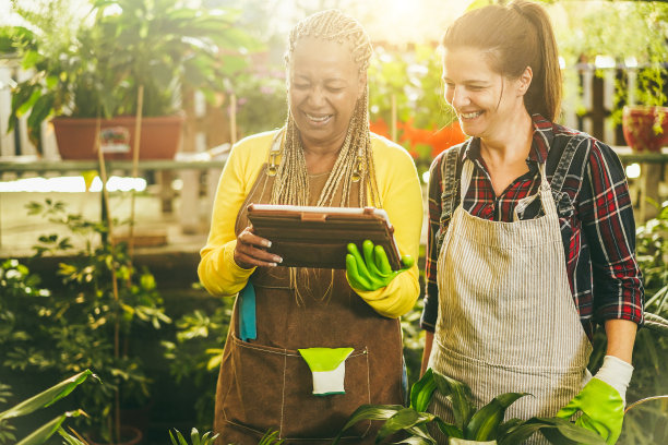 在绿色温室花园市场内工作的多种族妇女-温柔地关注右边的女性，脸图片下载
