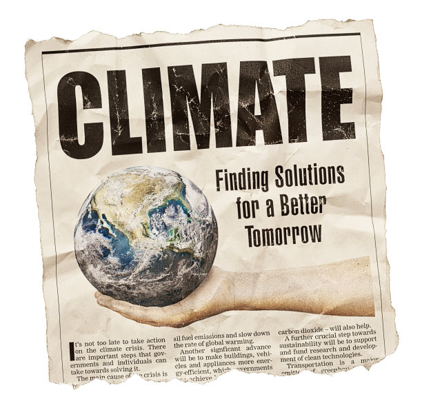 “气候”，大报纸的标题是关于利用可再生能源和其他技术寻找全球变暖的解决方案图片下载