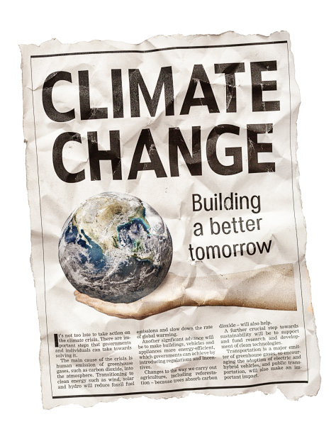 “气候变化”，这是一家大报纸的标题，标题是利用可再生能源和其他技术寻找全球变暖的解决方案图片下载
