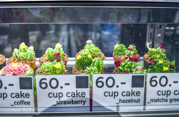 糕点店出售绿色仙人掌形状的蛋糕。用糖衣形多肉植物装饰的现代植物纸杯蛋糕在糖果店有售图片下载