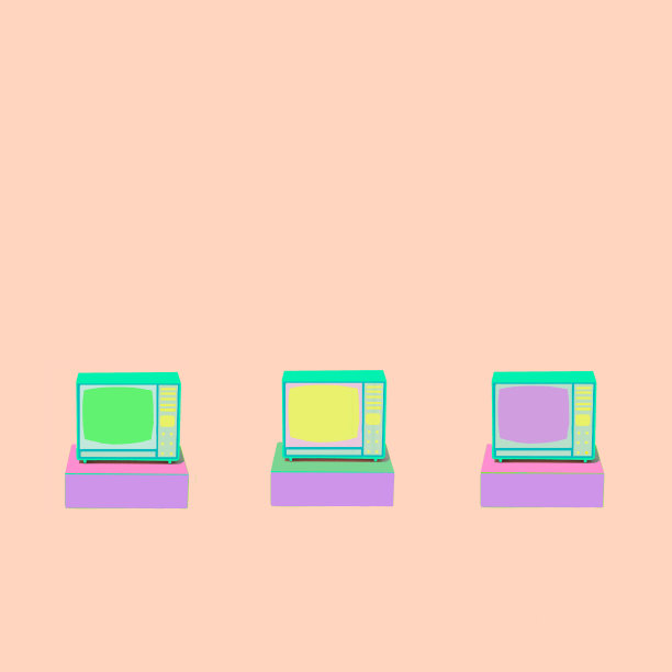 三台复古电视机，排成一排的电视机，电视盒和浅色背景上看电影用的彩色屏幕。图片下载