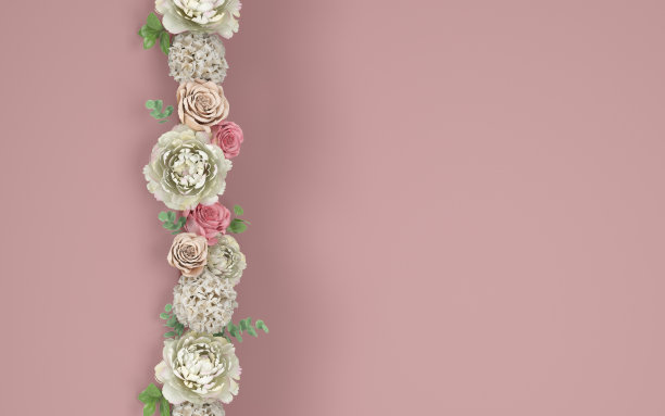 花卉设计概念粉红色玫瑰和白色牡丹3d渲染彩色背景图片下载