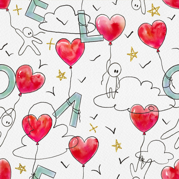 心形气球漫画人物情人节水彩无缝模式图片下载