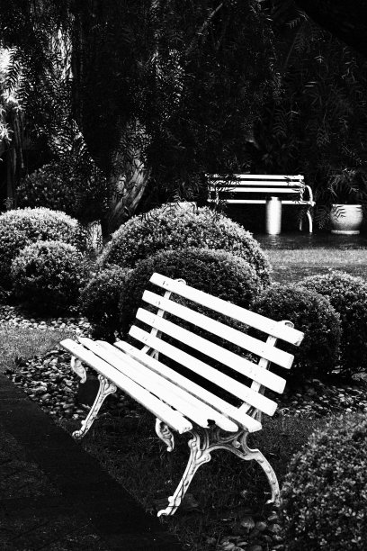 前景花园中的白色木凳图片下载