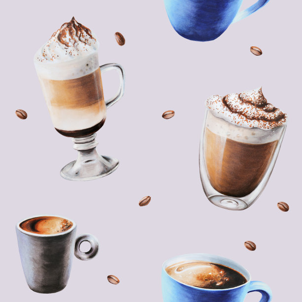 水彩无缝模式与咖啡杯和咖啡豆。拿铁，浓缩咖啡，美式咖啡，摩卡。手绘在孤立的背景。为设计师，菜单，商店，酒吧，小酒馆，餐厅，明信片，包装纸，封面。海报及纺织品图片下载