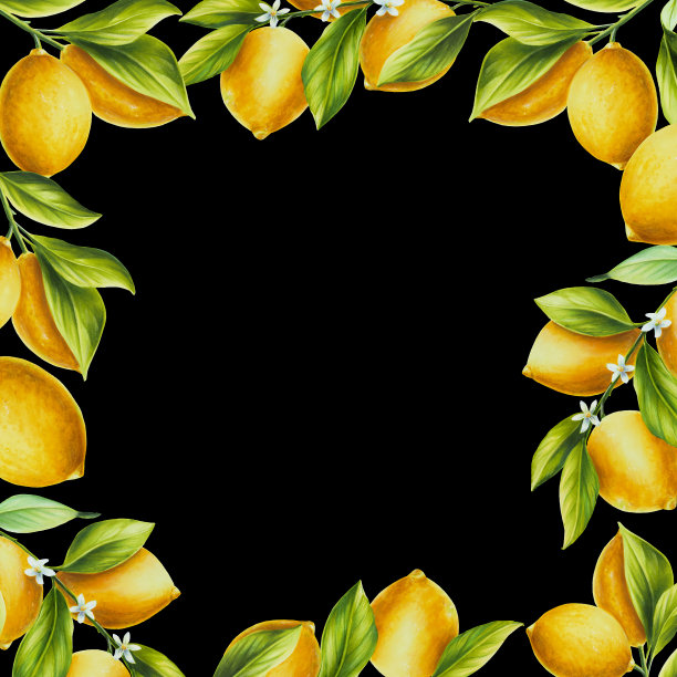 水彩框架与新鲜成熟的柠檬与鲜绿色的叶子和花朵。手绘切柑橘片绘画在黑色背景。为设计师，明信片，派对邀请，包装纸，封面。海报及纺织品图片下载