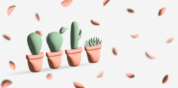 三维渲染插图的三个仙人掌与飞行花瓣周围。夏天艺术背景上的仙人掌盆栽花图片下载