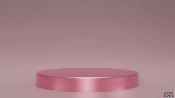 闪亮的金属粉色圆形底座在工作室背景。用于展示产品的粉红色空白陈列室或洁净室。极简主义模型的讲台展示或展示。三维矢量插图。图片下载