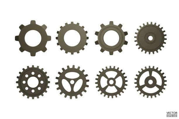 3D暗黑金属齿轮图标集。传动齿轮和齿轮被隔离在白色背景上。金属机械齿轮，设置符号，维修，优化工作流程的概念。三维矢量插图。图片下载