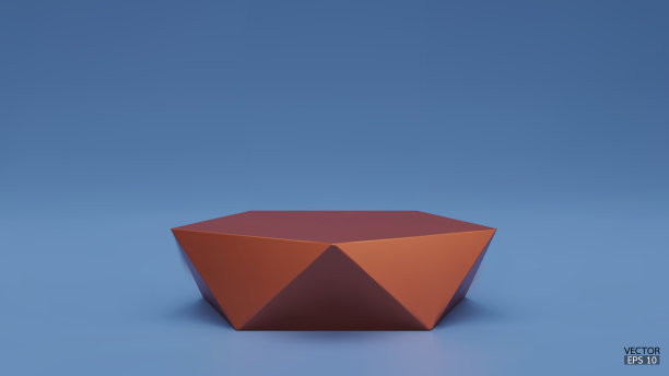 三维矢量几何讲台。铜六边形立方体，蓝色背景的方形讲台。概念场景舞台展示，产品，促销销售，横幅，演示，化妆品。三维矢量插图。图片下载